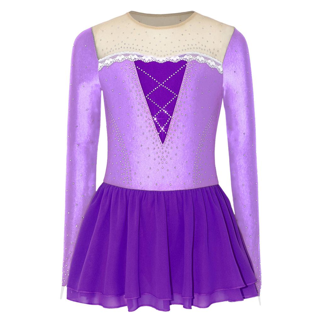 Girls Princess Costume Mesh Patchwork Long Sleeve Sparkly Rhinestones Lace Decor Contrast Color Dress