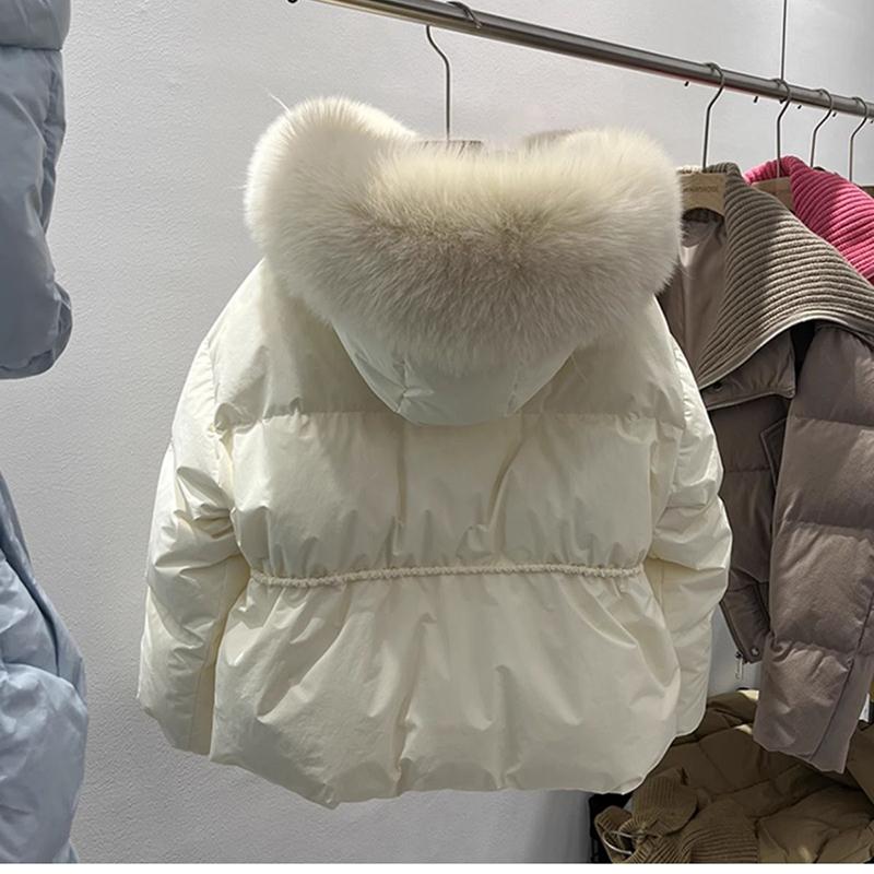 Winter-Daunenjacke mit großem Pelzkragen aus Baumwolle für Damen, lockerer, dicker, warmer Schneeparka aus Stroh