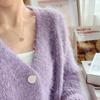 Hirsionsan Gentle Purple Mohair Cardigan Sweater Dam Cropped Mink Fleece Enkelknäppt tröja Kvinnlig Elegant mode varma toppar