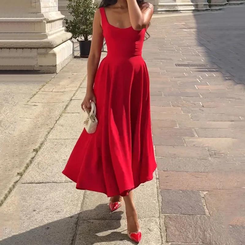 Dámské maxi šaty Módní Letní Bez rukávů Ramínka Kulatý výstřih Odhalená záda Stahovaný pas Jednobarevné Dlouhé šaty Streetwear