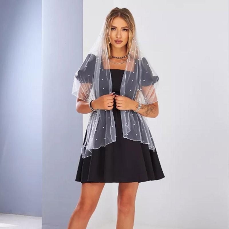 Elegant Pearls Embellished Tulle Scarf for Women Weddings Parties Bridal Mesh Veils Evening Dress Shawl Wraps Capes