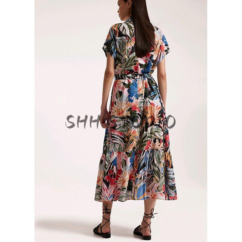 Spring and Summer Women's Clothing Cover Sleeve Design Cotton Blend Lapel Print Shoelace Shirt Style Dress 1241455