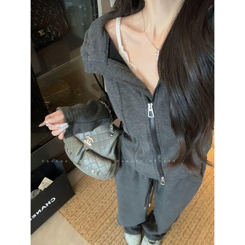 Kumikumi Idle Style Set Loose Hood Long sleeve Outerwear Women Autumn All-Match Drape Casual Pants Two-piece Set
