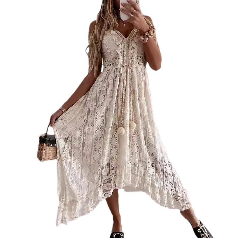 Summer European Style Spaghetti Strap Solid Color Maxi Dress Wear
