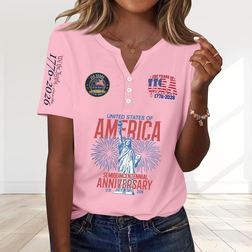 Women's Fashion Casual 250th Anniversary Independence Day Print V-Neck Short Sleeve Decorated Button-Up T-Shirt