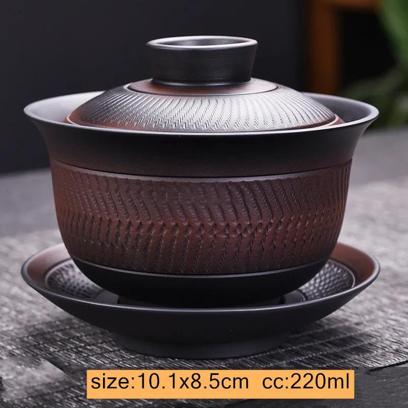 Vintage Purple Pottery Gaiwan Pot Bearing Chinese Handmade Tea Bowl Teacup Beauty Tea Infuser Household Travel Personal Teaware