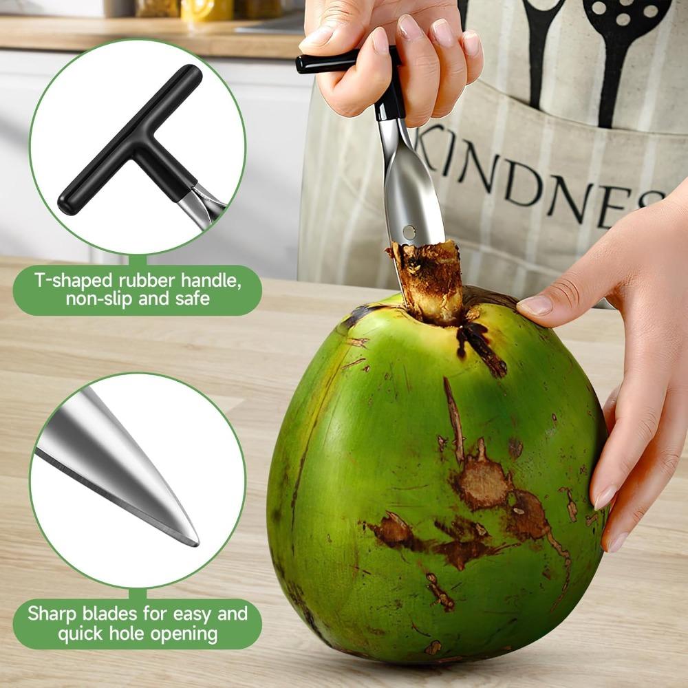 2-Piece Stainless Steel Coconut Cutting Tool Set, Coconut Hole Puncher and Meat Removal Scraper with Durable Non-Slip Handle