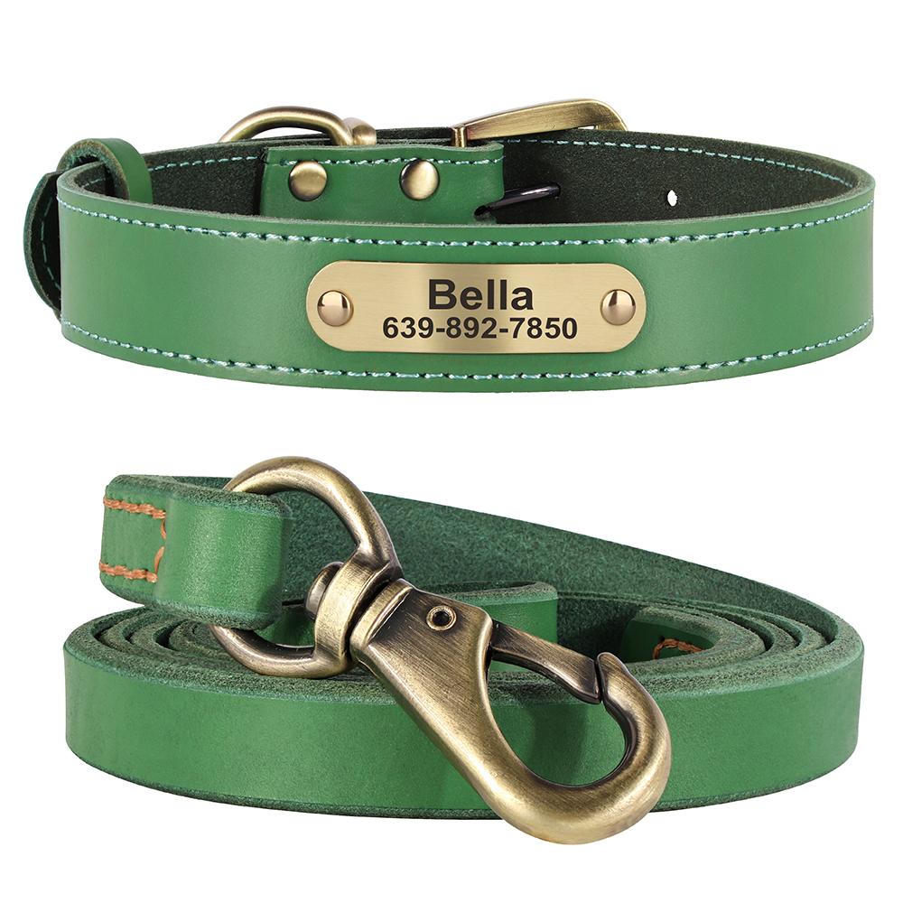 Real Leather Dog Collar Leash Set Personalized Pet Collar With Leash Free Engraving Nameplate For Small Medium Large Dogs