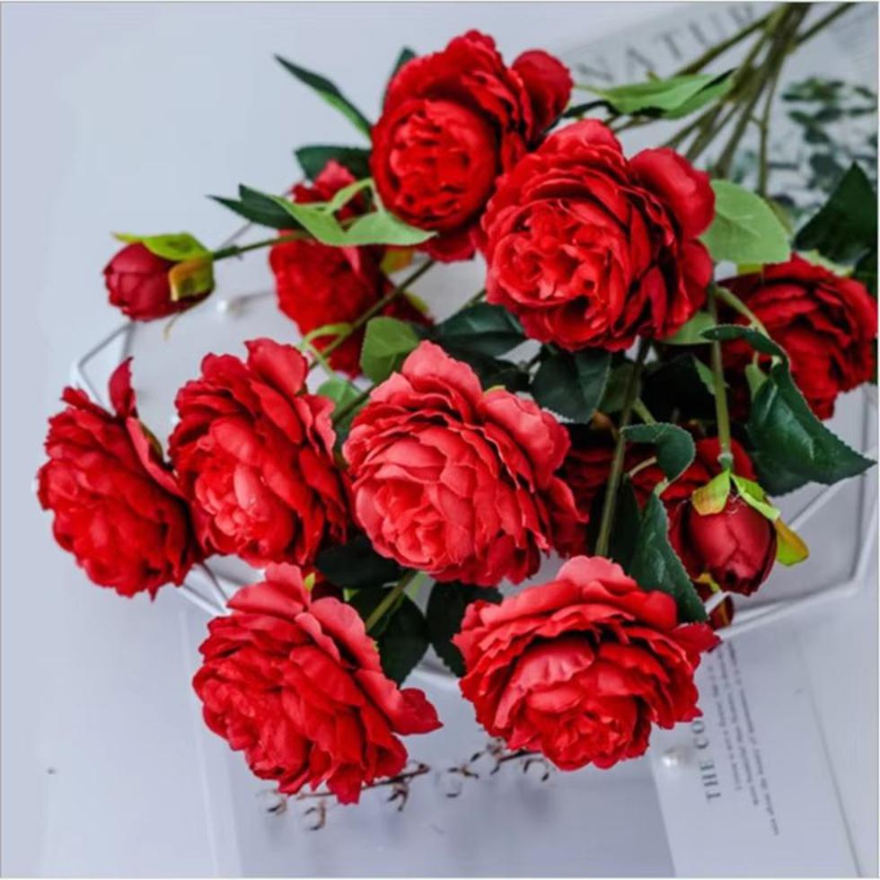 Artificial Flowers Factory Wholesale European Style 3 Peony Home Wedding Decorative Fake Flowers Vase Box Decoration Accessories