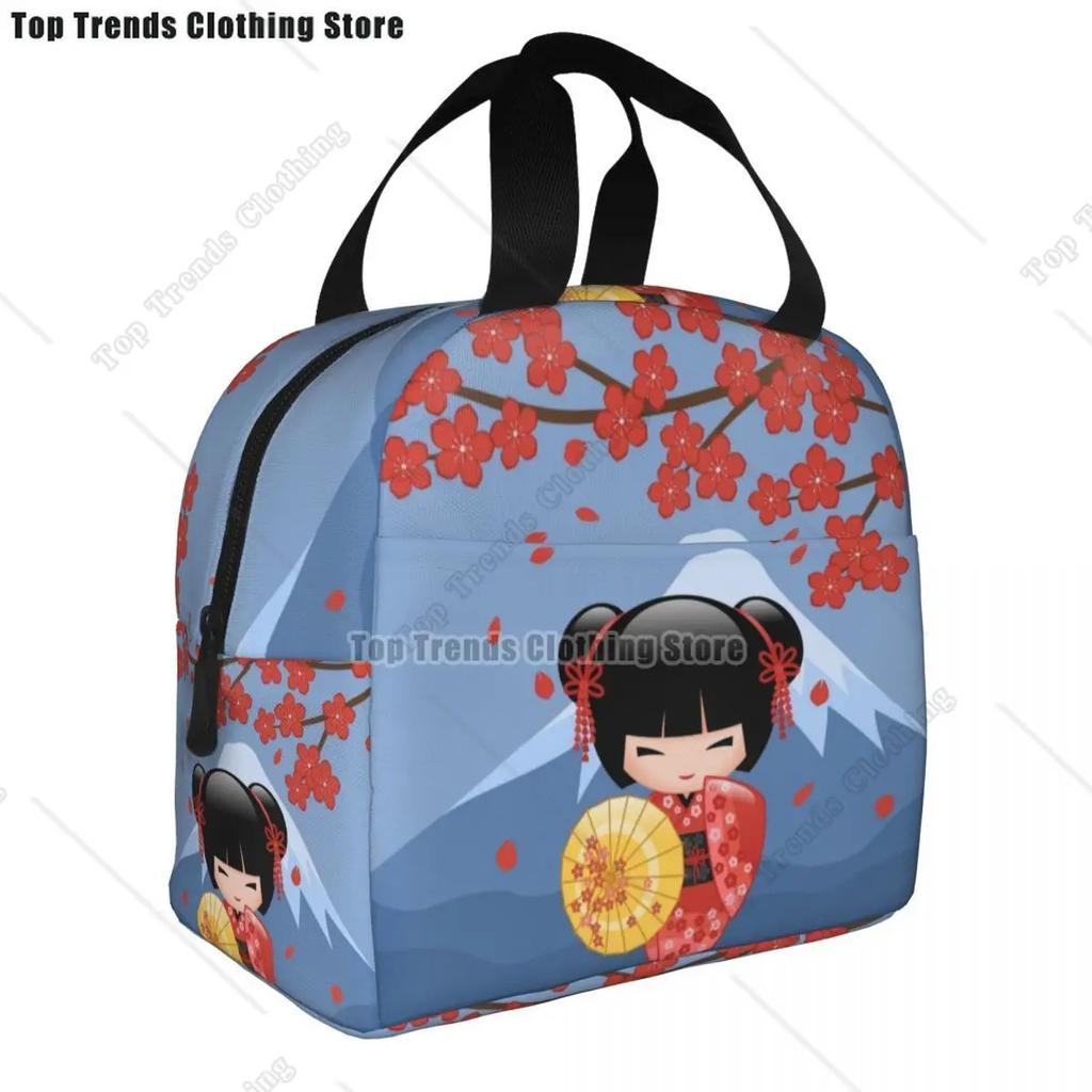 Japanese Keiko Kokeshi Doll Insulated Lunch Bag Cute Design Kimono Geisha Dolls Girls Cooler Thermal Bento Box Lunch Boxes