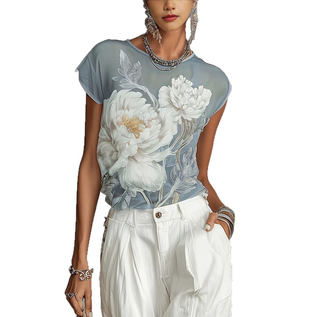 New European and American summer flower print short-sleeved t-shirt top