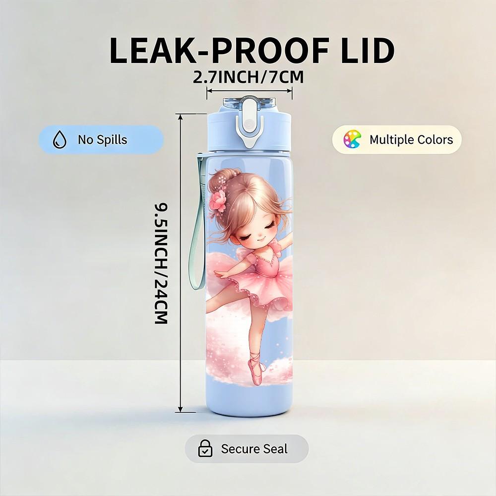 1PC Little Pink Ballerina Girl Print 750ml Color Plastic Sports Water Bottle Leakproof Flip Straw Lid Suitable for Sports Office Home Use