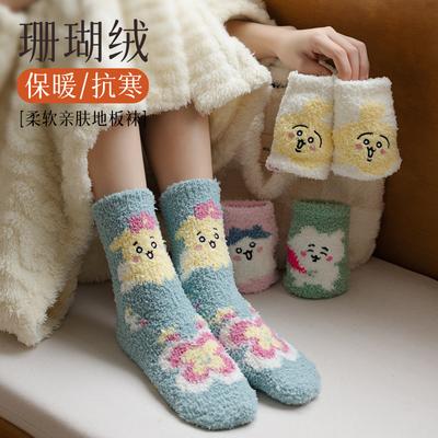 Coral Fleece Socks Women'S Autumn And Winter Jacquard Cute Pet Embroidered Floor Socks Japanese Plush Socks Medium Tube Warm Sleep Socks