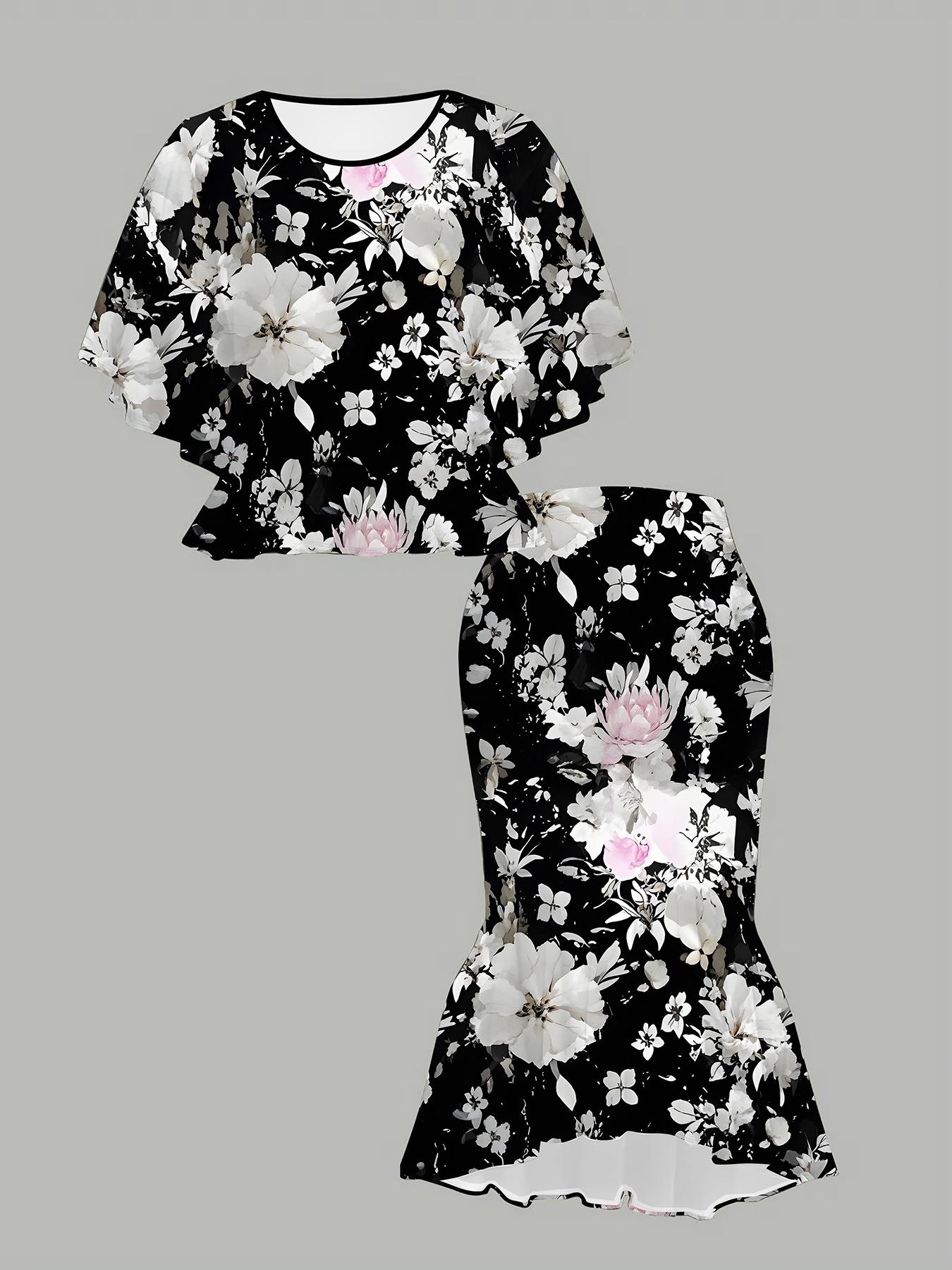

Классический тотемный женский принт с 3D-цветами, Модный большого размера, Элегантный, Универсальный для всех сезонов. Футболка, Юбка и Комплект 6XL чёрный