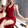Three-dimensional Flower Red Halter Neck Dress Female Summer Slim Fashion Long Skirt Sexy Waist Split Hip Skirt