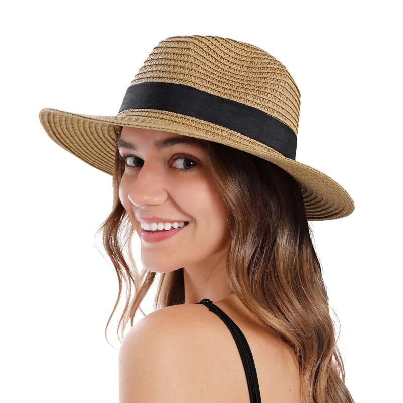 Womens Wide Brim Paper Straw Hat Beach Vacation Sun Protection Foldable Panama Style