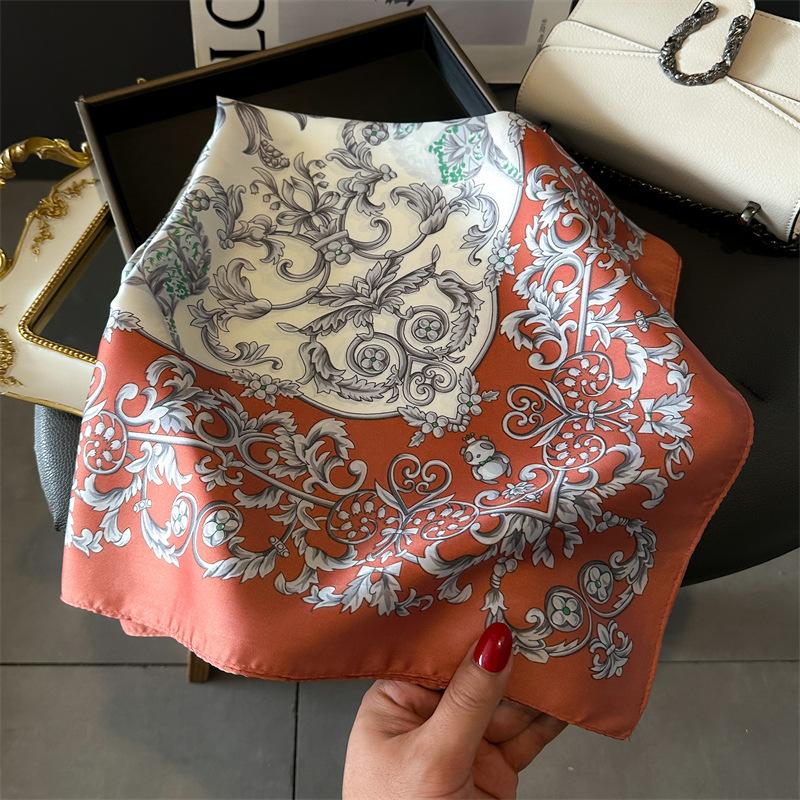 Spring/Summer New70*70cm Square Scarf Breathable Flower  Print Neckerchief Women’s Classical Imitation Silk Bandannas