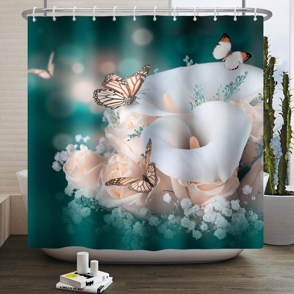 Floral Shower Curtain for Bathroom Vintage Flower Butterfly Waterproof Fabric Boho Bathtub Bathroom Curtain With Hooks 180x240
