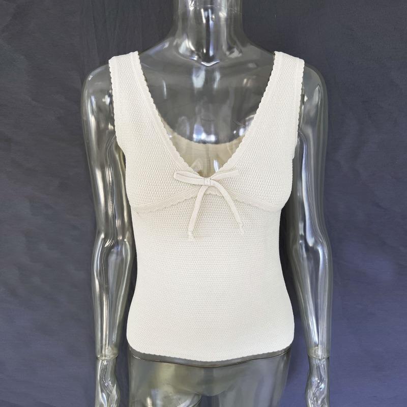 Summer Sleeveless Knit Crop Top Women Deep V Neck Sexy Backless Bow Vest Ladies Street Casual Tops Vacation Knitwear Tank Top 2024 New Fashion