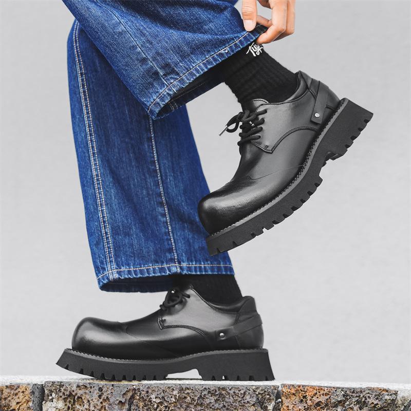 Big head head derby shoes men's thick sole heightening black British style tooling niche leather shoes 66689-J