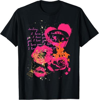 Burning Heart Lips Love Letter Graphic Tee Casual Short Sleeve Cotton T-Shirt for Couples
