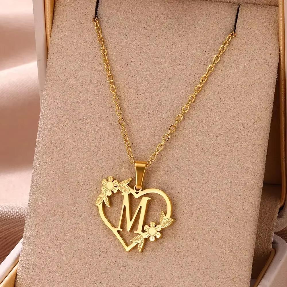 New English Alphabet Heart Pendant Gold Flower Premium Titanium Steel Gold Plated Necklace Clavicle Chain Fresh Woman