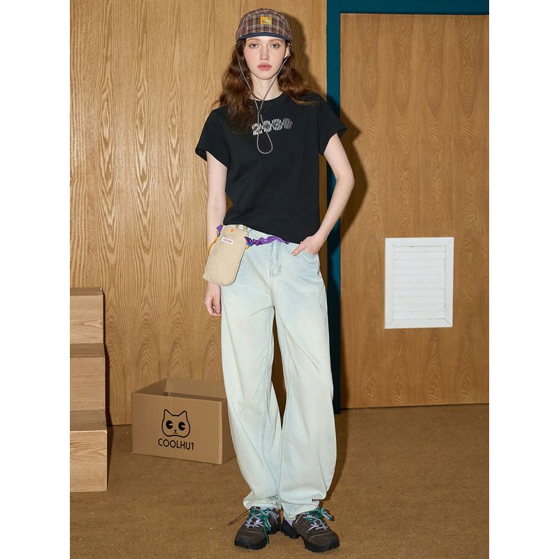 Coolhut American Retro Summer Versatile Basic Round Neck Printed Casual 2025 Summer Women's T-Shirt Pure Cotton