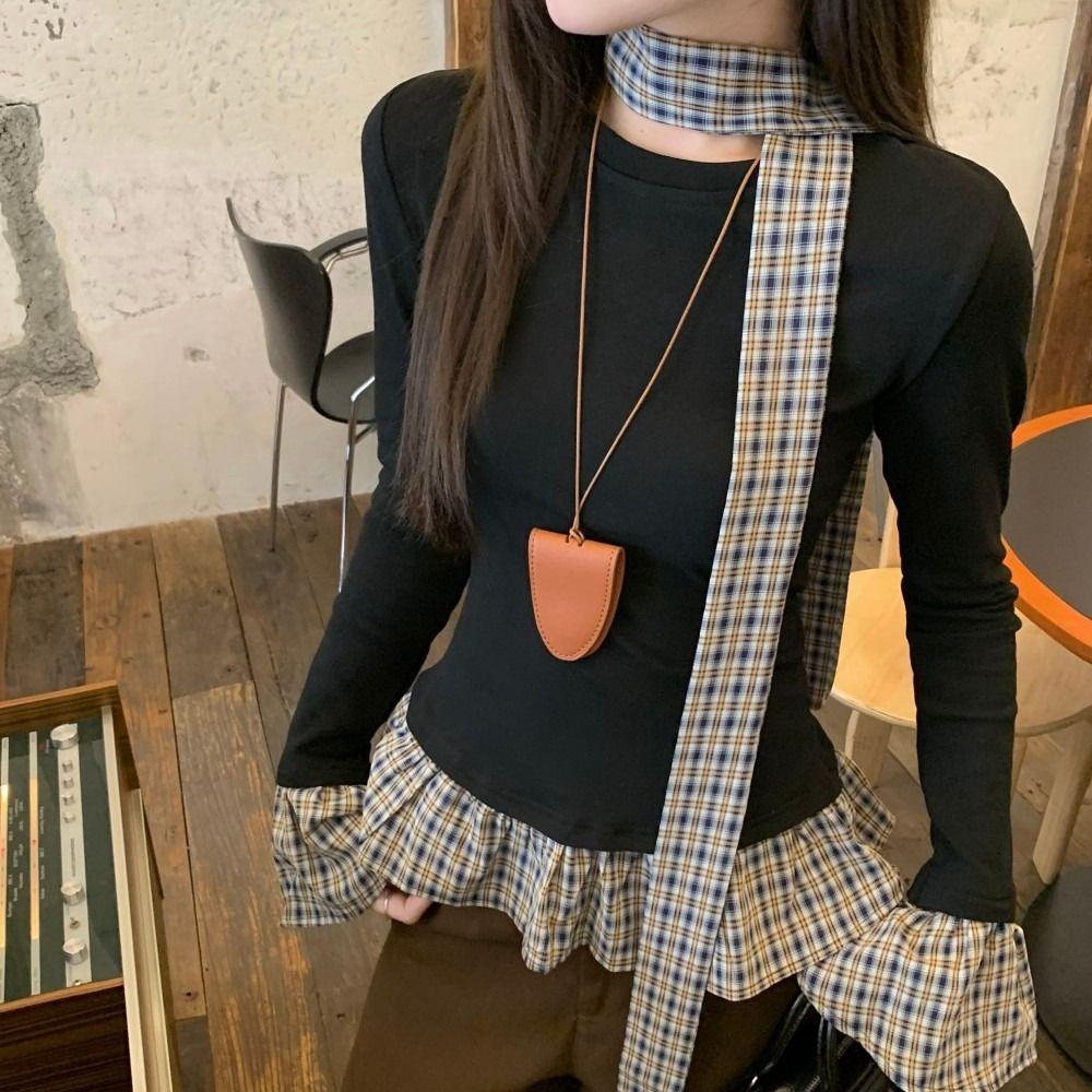 Undershirts Faux Two Piece T Shirt Lattice Ruffle Slim Fit  Top Soft Long Sleeve Top  Women