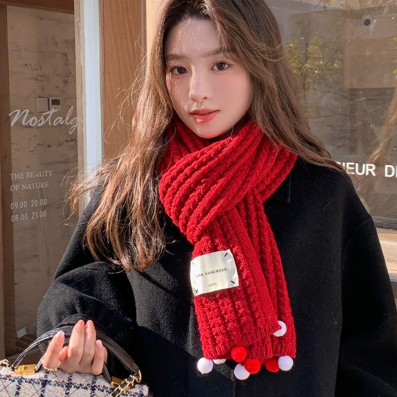 New knitted hairball red scarf women's winter versatile neck protection scarf cute and advanced sense