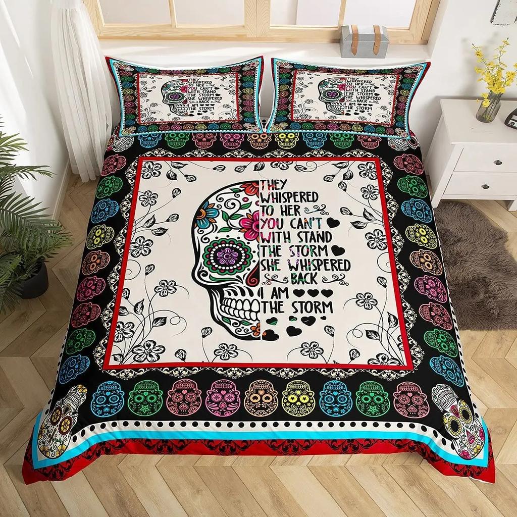 Sugar Skull Duvet Cover Set, Monochrome Skull with Roses Leaves and Diamond Shape Folklore Festival Print,Decorative Bedding Set