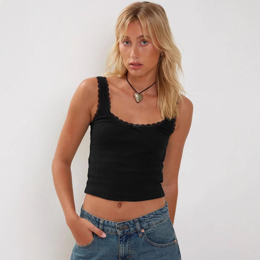 Women's Lace Trim Bow Detail Ribbed Tank Top Y2K Slim Fit Sleeveless Camisole Basic Cami Top