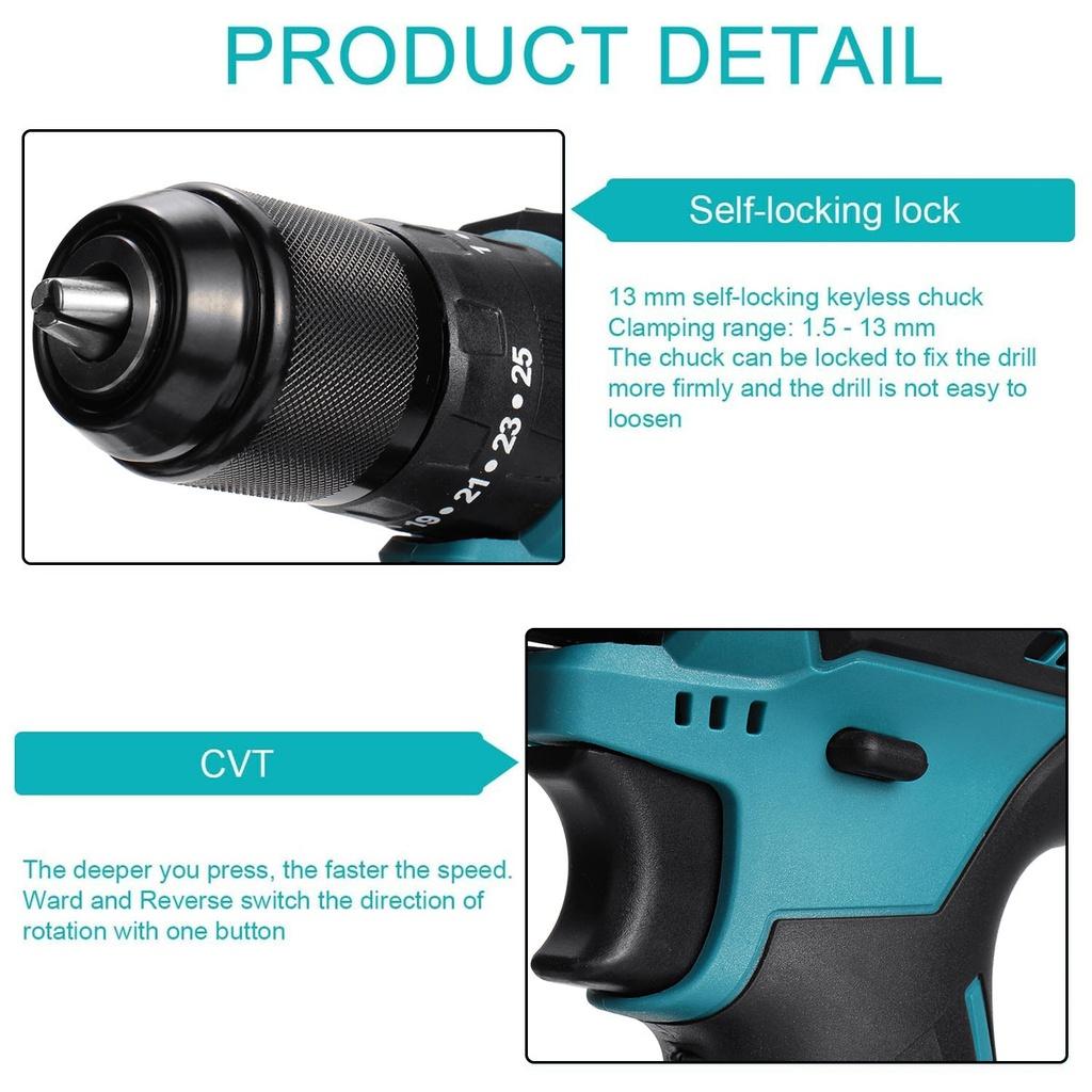 13mm 18V 1/2 Hammer Drill Power Tools Fit For Makita Battery Cordless Brushless Electric Drill Impact Screwdriver Flat Hammer