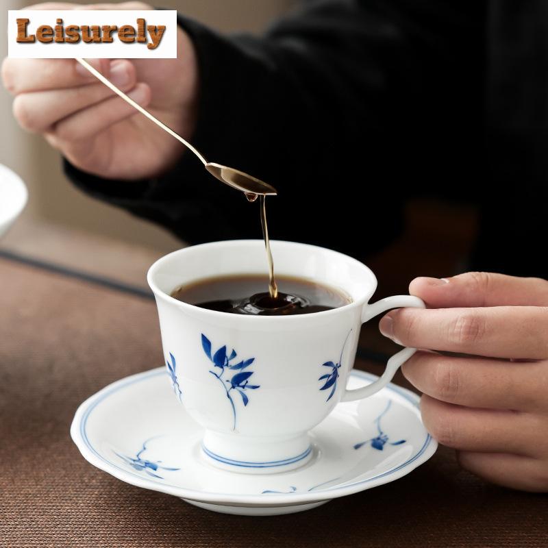 145ml Pure Hand-painted Butterfly Orchid Coffee Cup Saucer Set Dehua White Porcelain Cappuccino Latte Cup Oatmeal Breakfast Mug