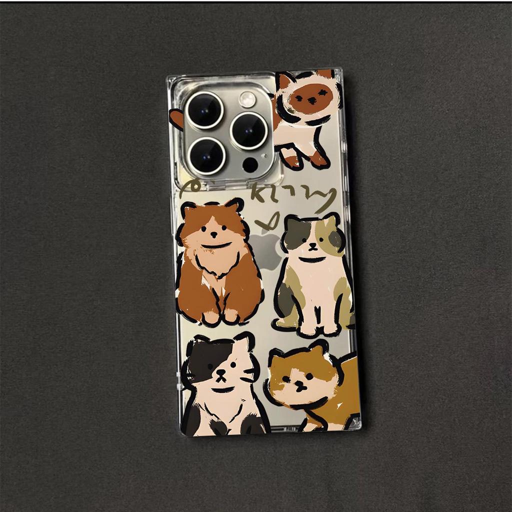 Square Back Tube Protection Clear Case For iPhone 11 15 Plus 16 ProMax 12 13 14 Pro Max Anti-Oxygen,Cartoon Cat Pattern Casing