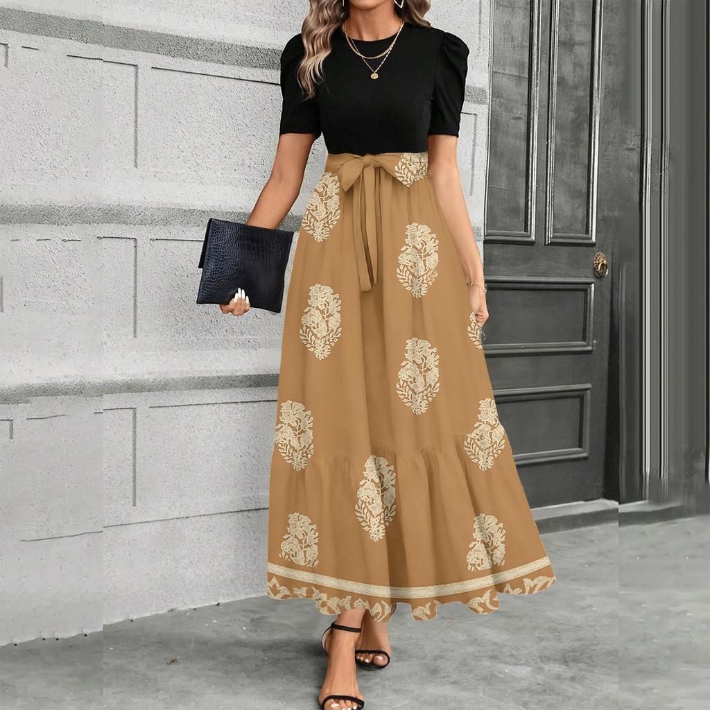 Women Short Sleeve Crewneck Floral Print High Waist Tie Belt Maxi Dress Casual Loose Fit Long Skirt Outfit