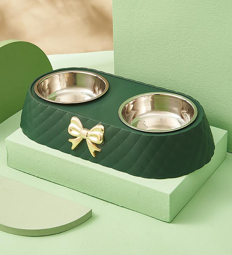 

Pet Cat Food Bowl PP Base Bow-tie Bowknot Cat Feeder Stainless Steel Double Bowl Dog Food Feeding Drinking Container Pet Supplie зелёный