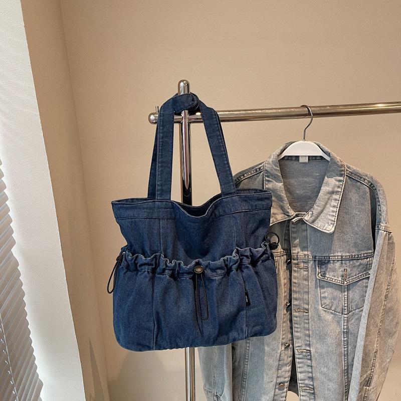 Korean version of simple large-capacity denim bag women's casual solid color literary shoulder bag college student class tote bag