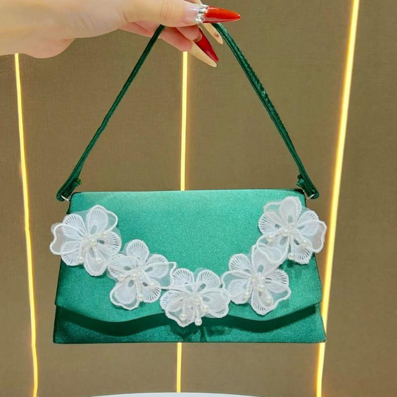 Floral Handbag, Fashionable Crossbody Bag, Pearl Clutch Bag, Simple Banquet and Dinner Bag