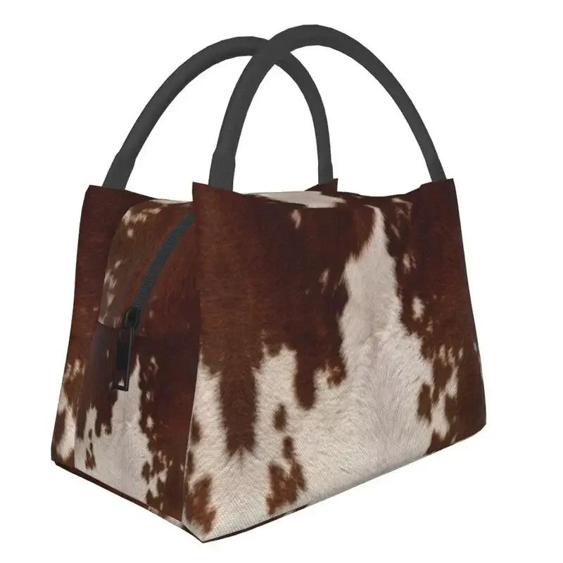 Scottish Highland Cow Cowhide Texture Thermal Insulated Lunch Bag Animal Hide Leather Lunch Container for Picnic Meal Food Box