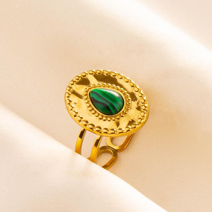 Green Striped Stone Vintage Gold Color Stainless Steel Open Adjustable Rings For Women Men Accessories Finger Jewelry Sun Flower