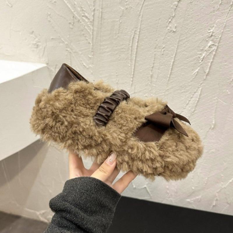 Platform Cute Bow One Slip Two Wear Fuzzy Shoes Women s Outside Wear 2026 Autumn and Winter New Fleece Versatile Cotton Shoes 35