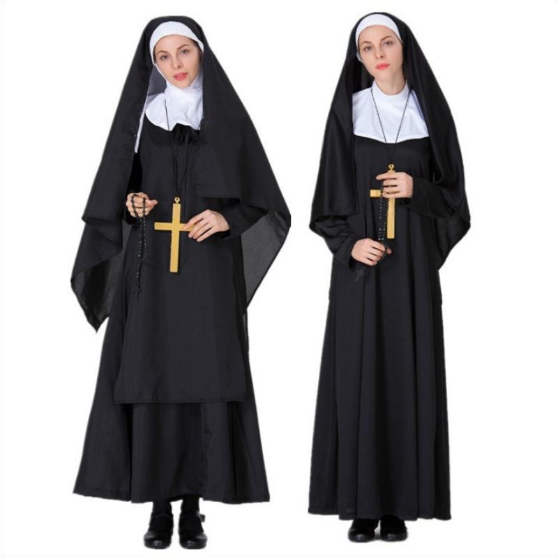 Halloween nun costumes, Virgin Mary stage performance black robe