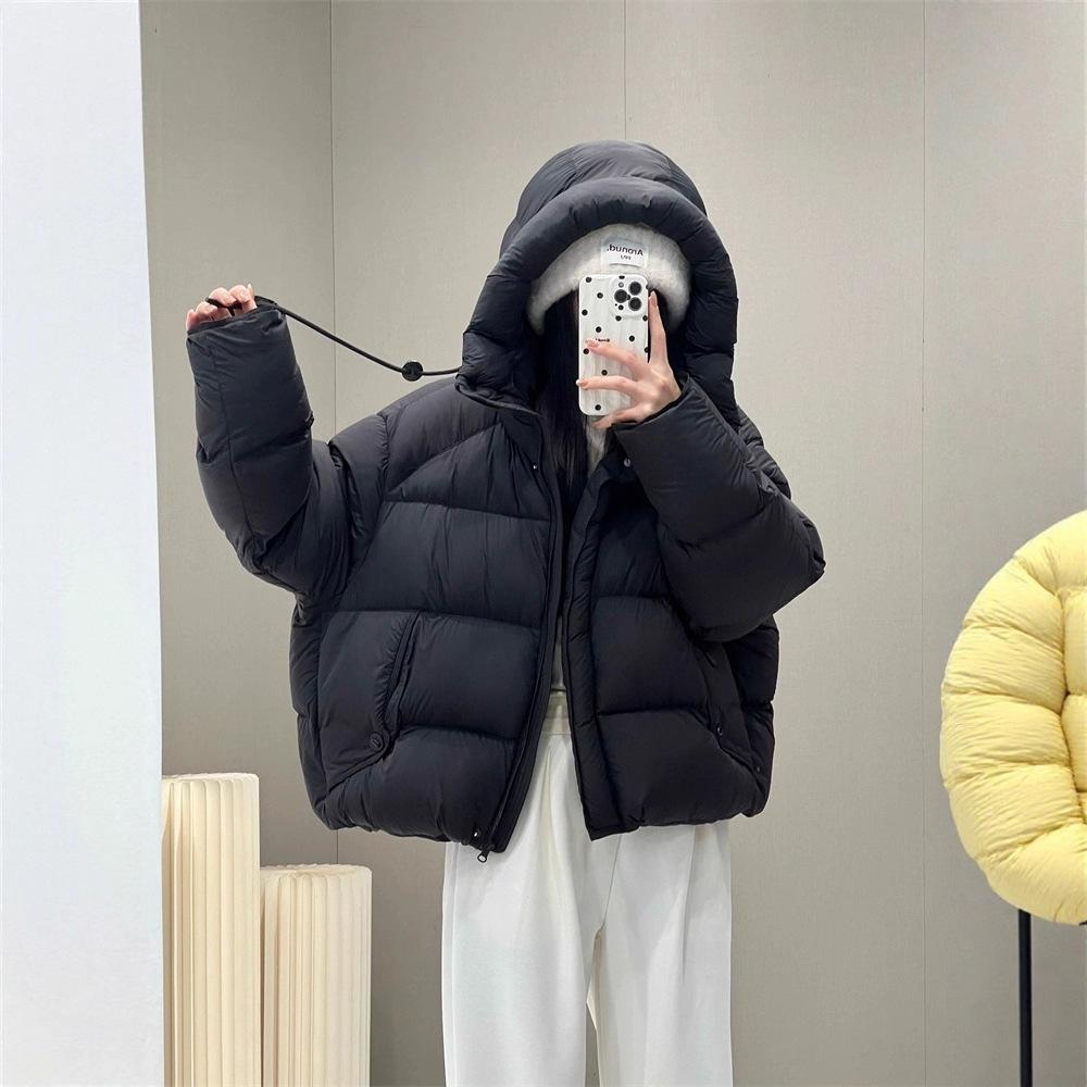 Hooded white duck down jacket women's short winter fashion high sense loose small puff bread jacket