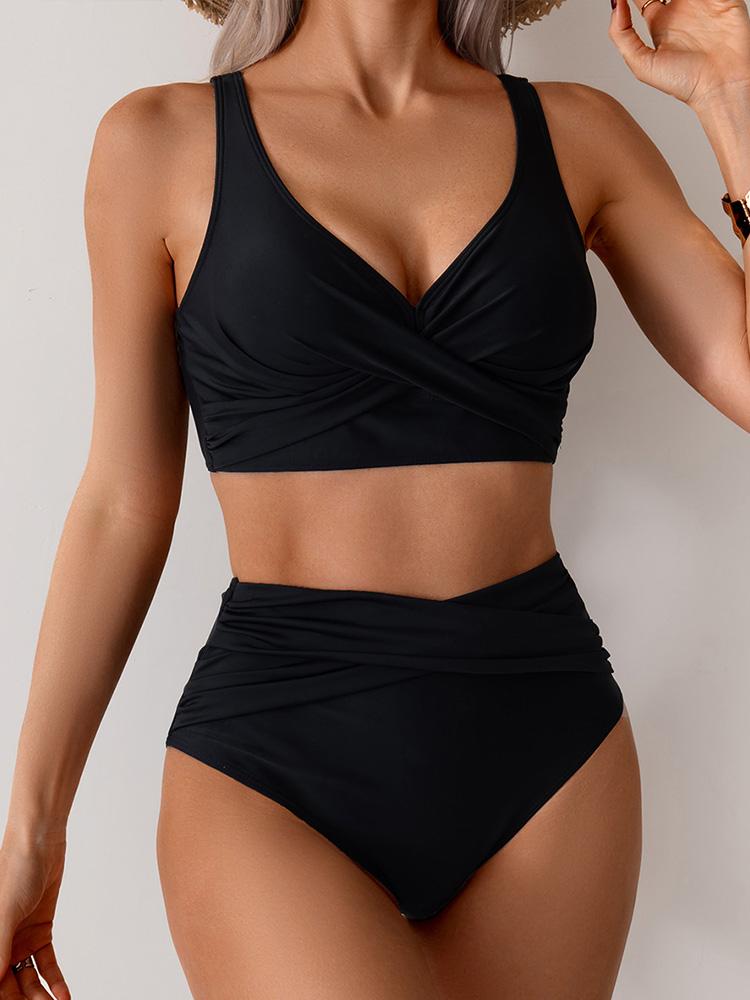 Sexy High Waist V Neck Bikini 2 Piece Set Women Split Swimsuit Beach Backless Bikini 2025 New Summer Swimwea Bikini Set