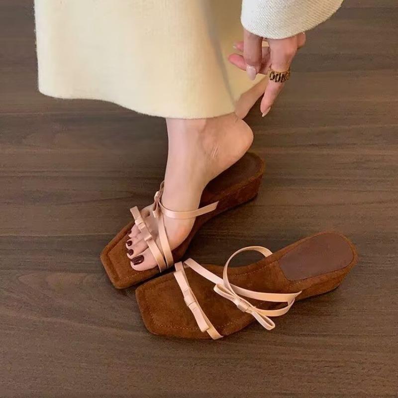 

Летние Новые Босоножки на Танкетке Женские Квадратный Носок Открытый Носок Бант Тонкий Ремешок Противоскользящие Износостойкие Каблуки-рюмочки 39 розовый