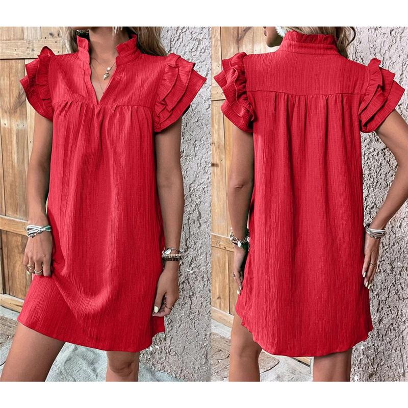 Women's Ruffled Sleeve V-Neck Mini Dress Casual Loose Fit Summer Dress