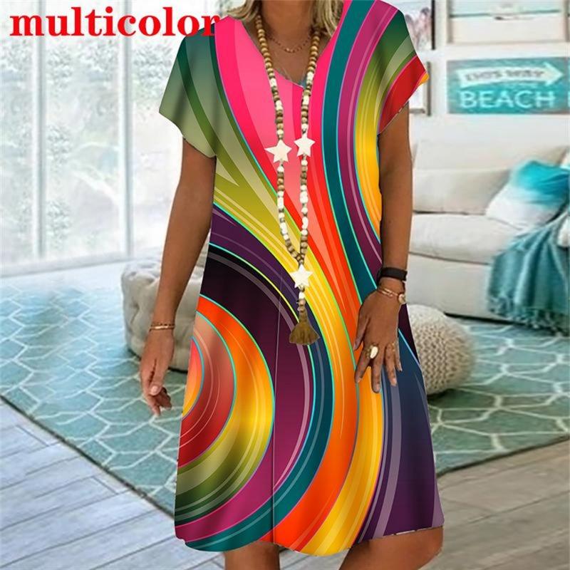 Rainbow Striped 3D Print Women Dress Elegant Sweet Casual V-Neck Short Sleeve A-Line Dress Summer Fashion Oversized Clothing S