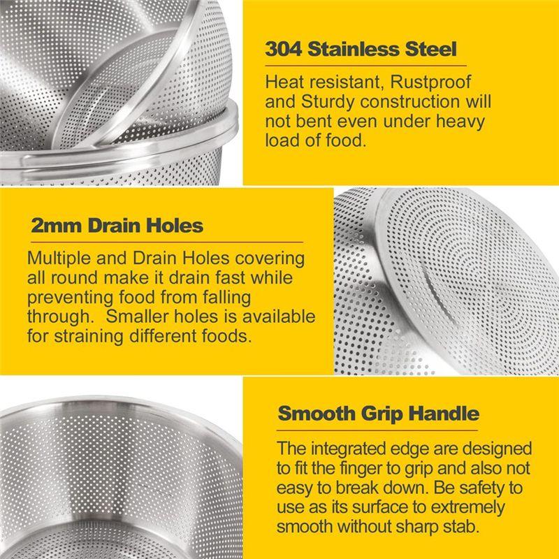3PCS Heavy Duty Kitchen Strainers Stainless Steel 28Cm For Draining Pasta, Spaghetti, Veggies, Fruits, Dishwasher Safe-B61B