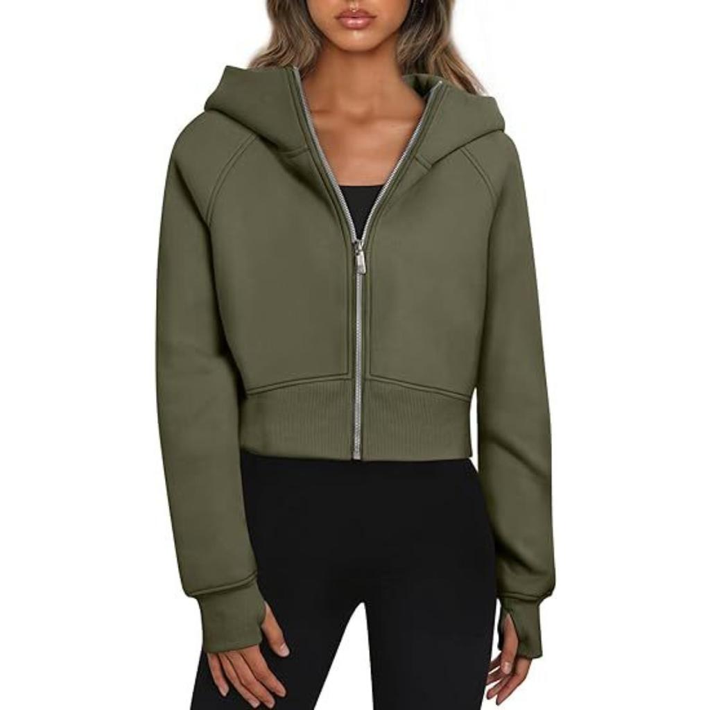 Women's Fleece Lined Hooded Zip Up Cropped Casual Long Sleeve Sweatshirt, European American Style Casual Tops Leisure Trade