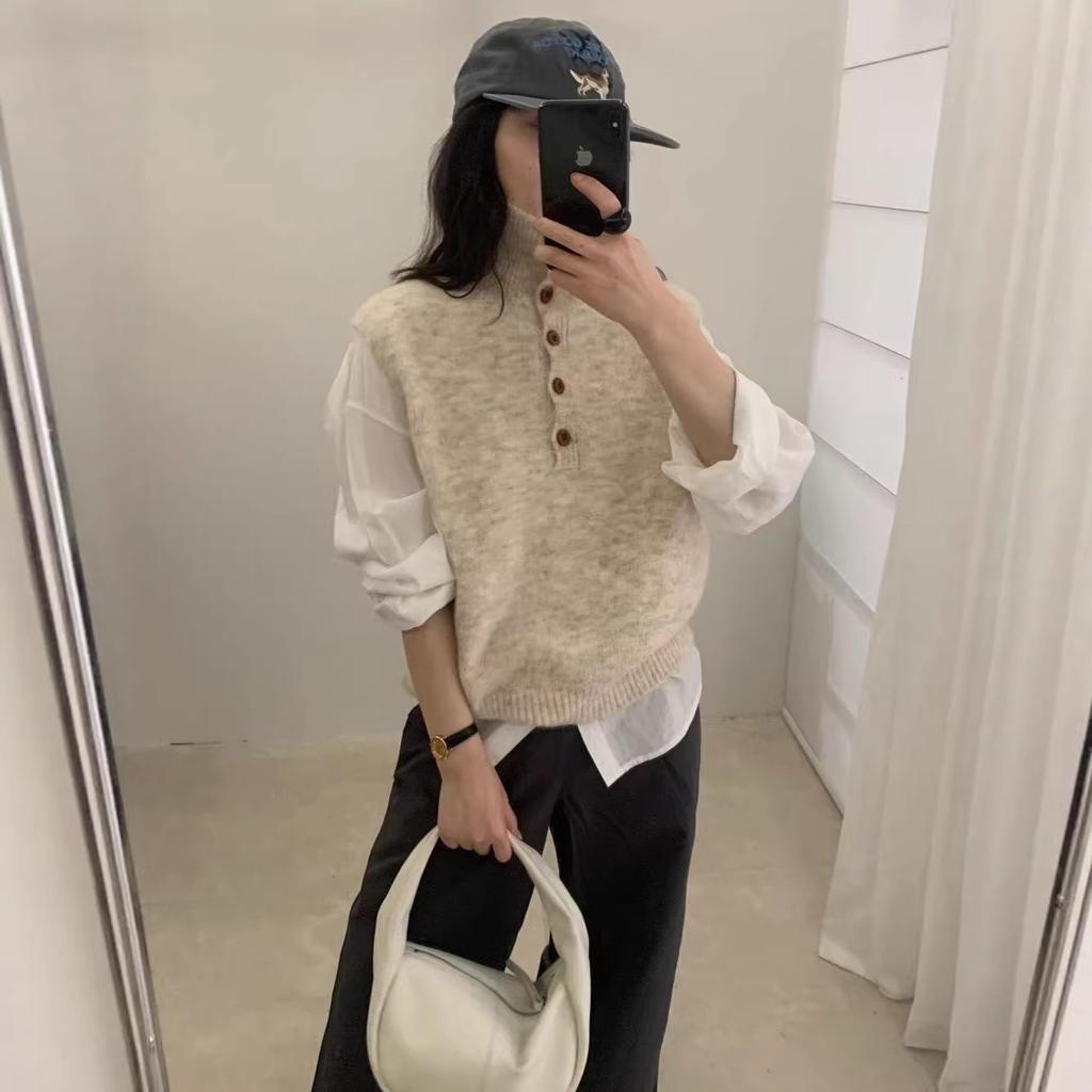 Korean style minimalist stand-collar sleeveless knit sweater for women, early spring new loose and simple button layering vest outerwear